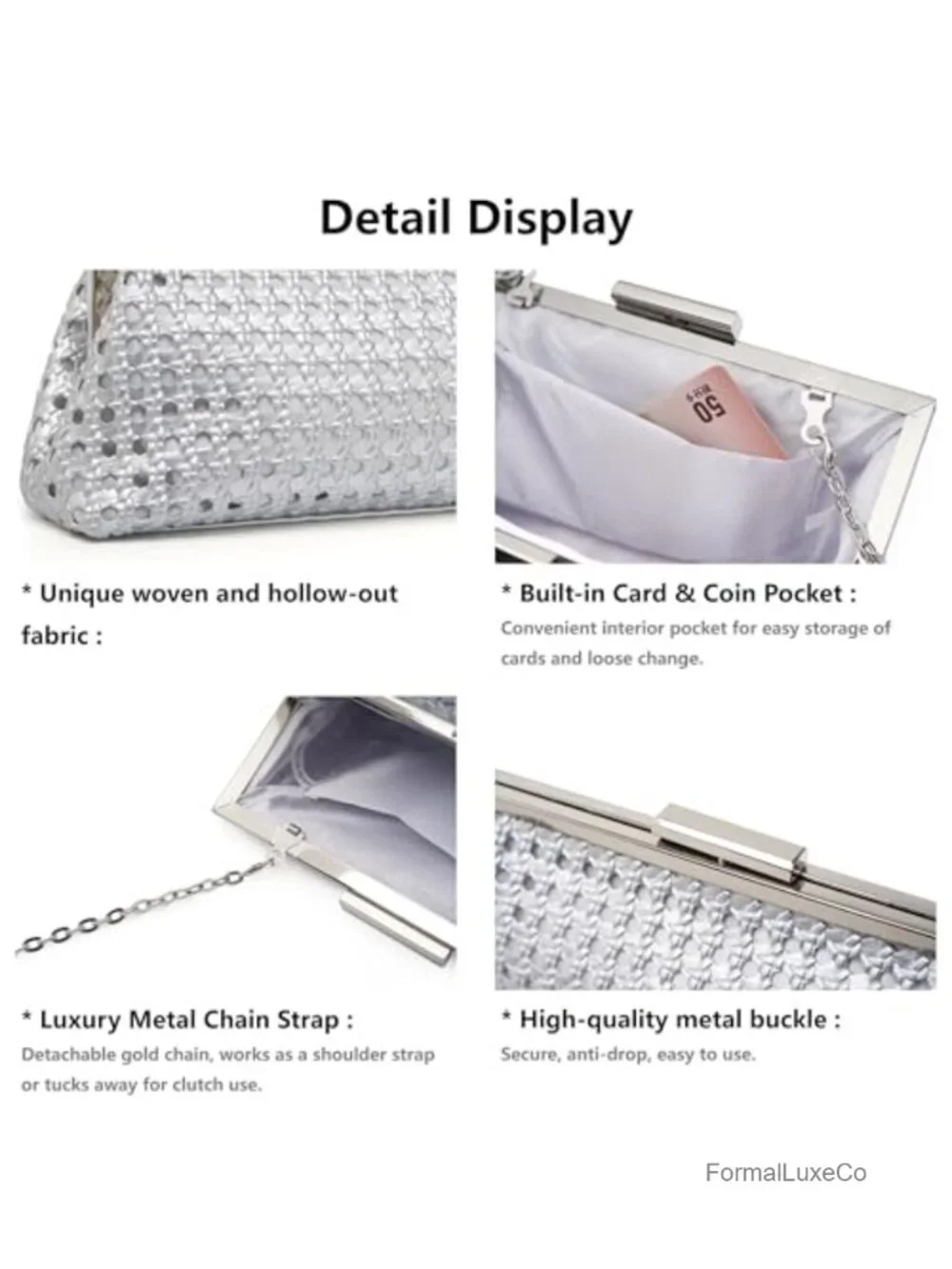 Women's Evening Clutch Purse with Detachable Chain, Woven Texture
